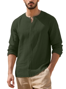 Detailed view of the dark green pleated linen fabric and Henley collar on a men's shirt