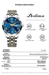 Detailed size chart for men's stainless steel watch with 41mm case and quartz movement