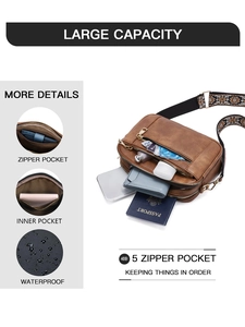 Detail view of multi-pocket brown PU crossbody bag showing 5 zippers and waterproof texture