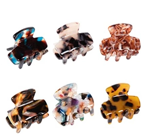 Set of six mini acetate hair claws featuring stylish tortoiseshell and marble patterns