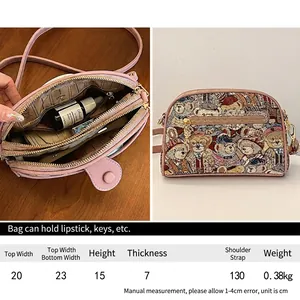 Canvas bear print half-moon bag with 23cm width and interior capacity detail