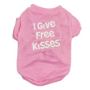Detail of pink cotton pet t-shirt featuring I Give Free Kisses print and soft knit texture