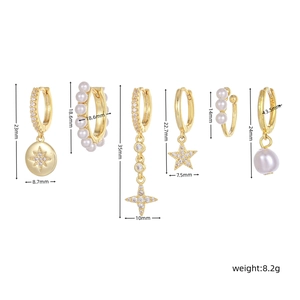 Detailed size chart for 6-piece gold star and pearl earring set with measurements