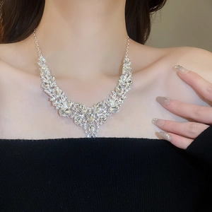 Close-up of elegant silver necklace with teardrop crystals on model neck