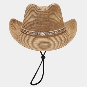 Straw cowboy sun hat with colorful woven band and blue eye ornament for summer