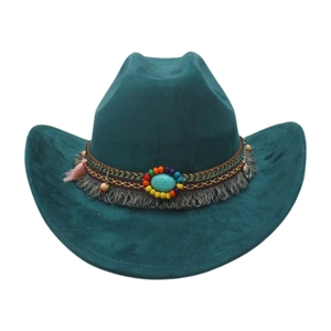 Dunkelblauer Western-Cowboyhut mit breiter Krempe und türkisfarbenen Ethno-Perlen
