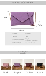 Detail view of frosted PU leather envelope bag showing 22x13cm dimensions and chain strap
