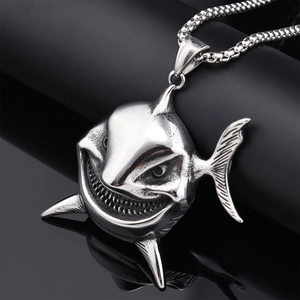 Stainless steel megalodon shark pendant necklace with durable chain for men's street style
