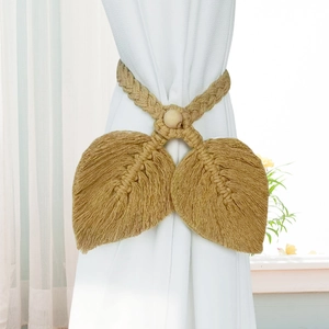 Handwoven boho leaf curtain tieback with wooden bead on white sheer curtains