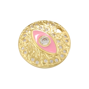 Detailed view of pink enamel evil eye pendant with gold plating and sparkling crystals