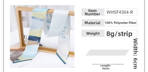 Detailed chart showing 92x6cm dimensions and polyester texture of the patterned scarf