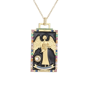 Gold Tarot Temperance pendant necklace with colorful zircons and black enamel inlay