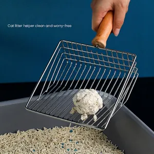 Cat Litter Shovel With Solid Wood Handle Iron Chrome Metal Mesh Sifter Scoop For Pet Waste Cleaning Durable Sifter