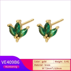 Minimalist green stone petal earrings made of gold-plated brass with micro-inlay cubic zirconia