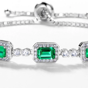S925 sterling silver emerald cut green gemstone bracelet with adjustable chain
