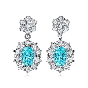 925 Sterling Silver Paraiba Blue Zirconia Drop Earrings Elegant Flower Cluster Halo Earrings For Women Jewelry Gift