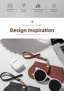 Detail of portable PU leather glasses pouch with metal hook and leather lanyard