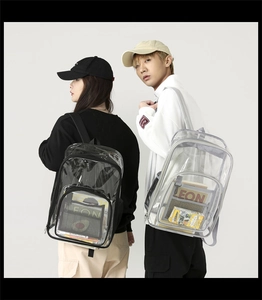 Detailed view of waterproof transparent PVC backpacks with black and grey piping trims