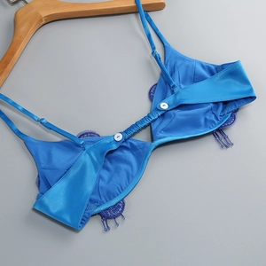 Détail d'un caraco en satin bleu avec broderie de dentelle violette et franges perlées