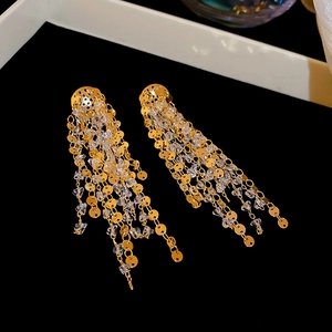 Detailed close-up of 18k gold plated tassel earrings with sparkling crystals and sequins
