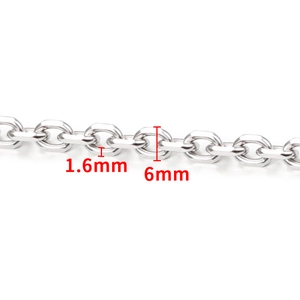 Macro view of 1.6mm by 6mm stainless steel oval chain links with measurement details