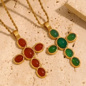 Vintage Cross Pendant Necklace Stainless Steel Gold Plated Synthetic Emerald Ruby Luxury Jewelry For Women Geometric