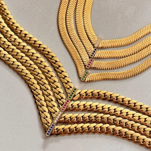 18k gold plated stainless steel herringbone and curb chain necklaces with colorful zircons