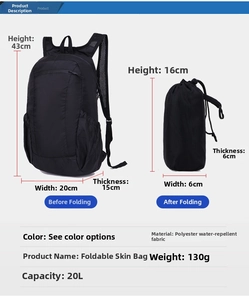 Foldable black waterproof backpack showing its 20L size and compact folded form
