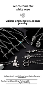 Detailed flat lay of silver punk pendants featuring cross, lion head and skull motifs