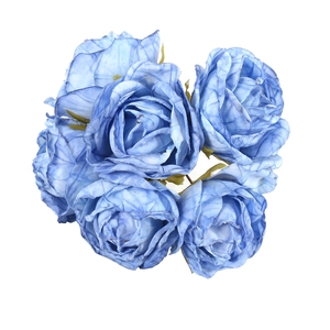 Deep blue artificial silk rose bouquet with vintage burnt edge petals on white backdrop