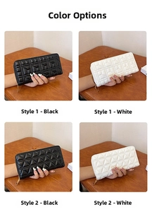 Selection of long women's wallets with quilted patterns in black and white colors