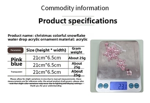 Detailed size chart for acrylic snowflake pendants showing weights and dimensions