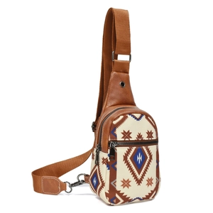 Detail of bohemian canvas sling bag featuring geometric patterns and brown leather strap