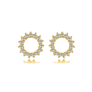 Front view of gold hoop earrings with micro-pave white cubic zirconia on white background