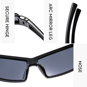 Detail view of Y2K sunglasses showing secure hinges, arc mirror legs, and comfortable nose pads