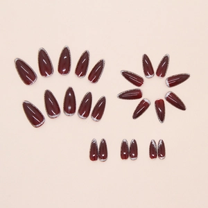 Almond shaped burgundy press on nails with silver glitter gradient edge 24pcs set