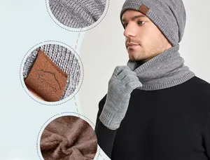 Detailed view of the warm fleece lining and textured knit of the winter grey hat set