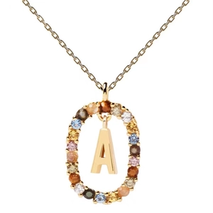 Gold oval pendant necklace with multicolored zircons and letter A on white background