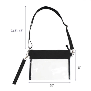 Clear PVC crossbody stadium bag with adjustable strap and black canvas trim, 10x8 inch size