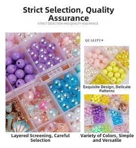 Macro view of green and colorful bead DIY jewelry kit in a clear organizer box