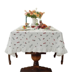 Cotton Christmas tablecloth with pine branch pattern and ruffled edge for festive dining