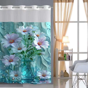 Detail of waterproof bath curtain featuring purple daisies in blue vase print and grommets