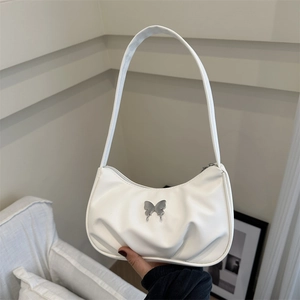 Butterfly Metal Buckle PU Leather Underarm Bag Pleated Half Moon Shoulder Bag For Women Casual Simple Retro Style