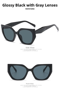Detailed views of black cat-eye square glasses frames showing front and side angles