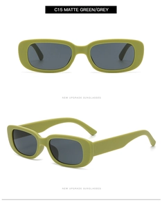 Detail view of matte green rectangular sunglasses with grey lenses in two angles