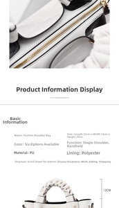 Detail view of white PU leather handbag dimensions 22x12x20cm with zip closure and brand logo