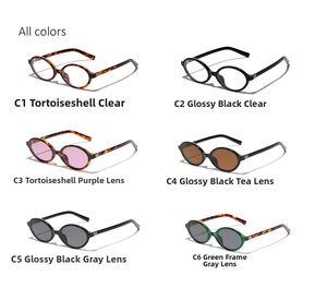 Collage of retro oval glasses frames in six colors with gold metal temple details