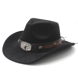 Detail of black cowboy hat featuring a leather band with silver bull head and star conchos