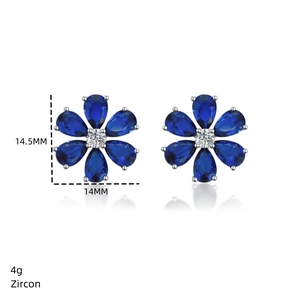 Detailed view of daisy flower earrings with blue zircon petals and size measurements