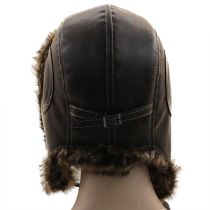 Detail of dark brown faux leather aviator hat showing back buckle and white stitching